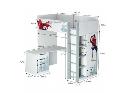 Кровать-чердак Polini Kids Marvel Человек-паук, с письменным столом и шкафом 1-00337136_3