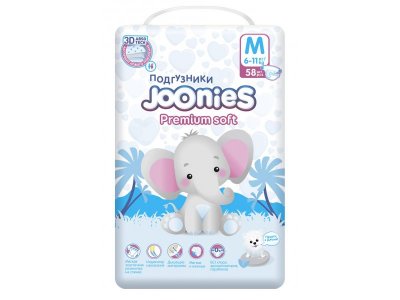 Подгузники Joonies Premium Soft, размер M 6-11 кг, 58 шт. 1-00265728_1