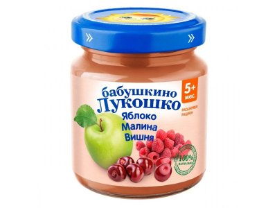 Пюре Бабушкино Лукошко Яблоко, малина, вишня без сахара 100 г 1-00259312_1