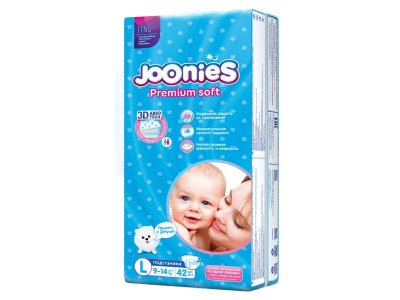 Подгузники Joonies Premium Soft, размер L 9-14 кг, 42 шт. 1-00265729_1