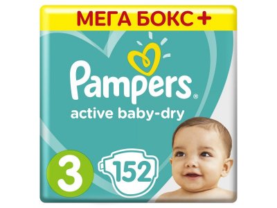 Подгузники Pampers Active Baby-Dry 6–10 кг, размер 3, 152 шт. Мега бокс + 1-00204443_1