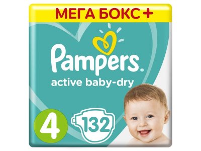 Подгузники Pampers Active Baby-Dry 9–14 кг, размер 4, 132 шт. Мега бокс + 1-00204444_1