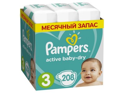 Подгузники Pampers Active Baby-Dry Midi 6–10 кг, размер 3, Мега Супер Упаковка 208 шт. 1-00141498_2