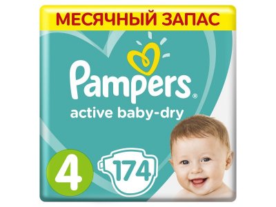 Подгузники Pampers Active Baby-Dry Junior 9–14 кг, размер 4, Мега Супер Упаковка 174 шт. 1-00141499_1
