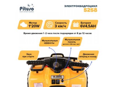 Электроквадроцикл Pituso, 6V/4.5Ah*1,20W*1, колеса пласт., MP3, свет, муз. 1-00368604_13