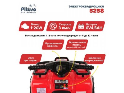 Электроквадроцикл Pituso, 6V/4.5Ah*1,20W*1, колеса пласт., MP3, свет, муз. 1-00368605_13