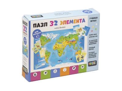 Пазл-карта мира Origami Baby Games напольный + обучающие карточки 32 элемента 1-00378076_1