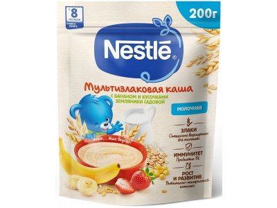 Каша Nestle молочная мультизлаковая с бананом и кусочками земляники с бифидобактериями BL 200 г 1-00383736_1