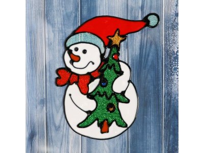 Наклейка на стекло Зимнее волшебство Снеговик с ёлкой 8,5*13,5 см 1-00417240_1