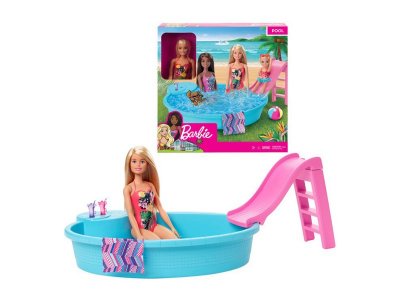 Кукла Barbie Pool Бассейн с горкой, с аксессуарами, игрушечное пляжное полотенце, бассейн и горка 1-00431432_2