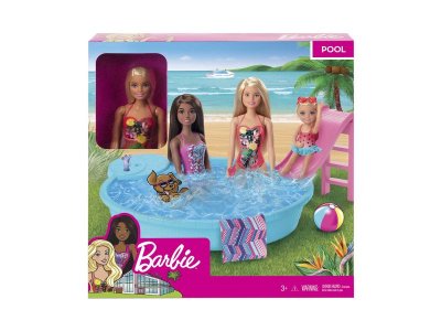 Кукла Barbie Pool Бассейн с горкой, с аксессуарами, игрушечное пляжное полотенце, бассейн и горка 1-00431432_3