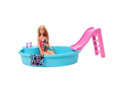 Кукла Barbie Pool Бассейн с горкой, с аксессуарами, игрушечное пляжное полотенце, бассейн и горка 1-00431432_1