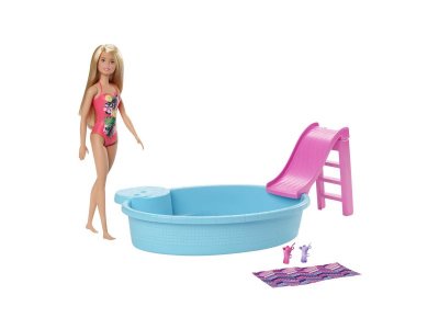 Кукла Barbie Pool Бассейн с горкой, с аксессуарами, игрушечное пляжное полотенце, бассейн и горка 1-00431432_4