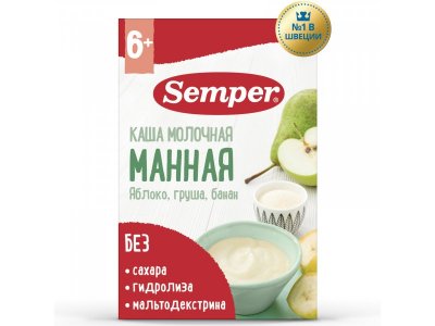 Каша Semper, молочная Манная с яблоком, грушей и бананом 180 г 1-00312626_1