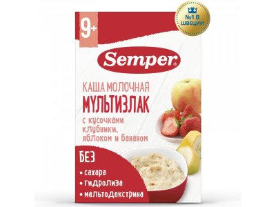 Каша Semper, молочная Мультизлак с кусочками клубники, яблоком и бананом 180 г 1-00312627_1