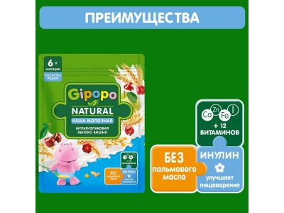 Каша Gipopo молочная Мультизлаковая с яблоком и вишней с 6 мес., 170 г 1-00443789_2