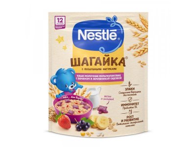 Каша Nestle Шагайка молочная мультизлаковая с бананом и фигурками с соком черн.смород.и манго, 190 г 1-00364056_1