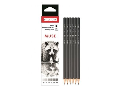 Набор чернографитных карандашей Listoff Muse 2H, H, HB, B, 2B, 3B, шестигранные, заточенные 6 шт 1-00455088_1
