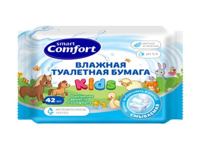 Бумага туалетная влажная Smart Comfort Kids с ромашкой, 42 шт 1-00453359_1