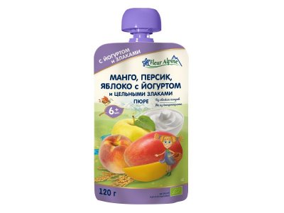 Пюре Fleur Alpine Манго, персик, яблоко с йогуртом 120 г, пауч 1-00208567_1