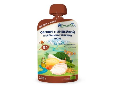 Пюре Fleur Alpine Овощи с индейкой и цельными злаками, с 8 месяцев, 100 г 1-00456398_1