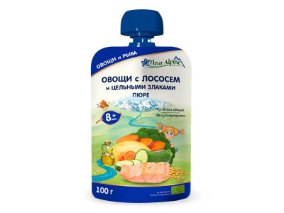Пюре Fleur Alpine Овощи с лососем и цельными злаками, с 8 месяцев, 100 г 1-00456399_1