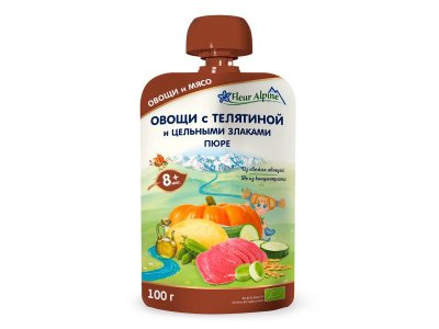 Пюре Fleur Alpine Овощи с телятиной и цельными злаками, с 8 месяцев, 100 г 1-00456400_1