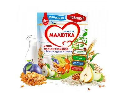 Каша Малютка молочная мультизлаковая с яблоком, грушей и сливой 220 г, пауч 1-00000457_2