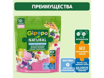 Каша Gipopo молочная Мультизлаковая с кус. яблока, малины и черной смородиной с 12 мес., 200 г 1-00443785_5