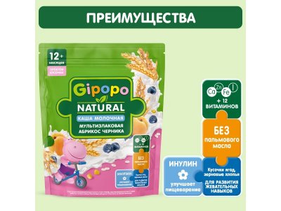 Каша Gipopo молочная Мультизлаковая с кус. абрикоса и черники, сливой с 12 мес., 200 г 1-00443786_5