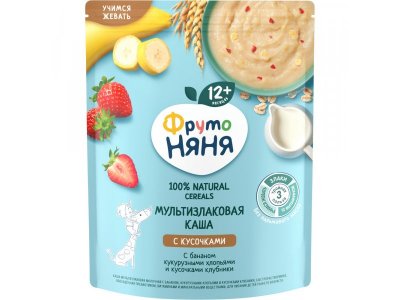 Каша ФрутоНяня молочная мультизлаковая с бананом, кукурузными хлопьями и кусочками клубники 200 г*6 1-00459118_1