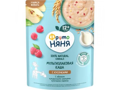 Каша ФрутоНяня молочная мультизлаковая с яблоками, кукурузными хлопьями и кусочками малины 200 г*6 ш 1-00459119_1