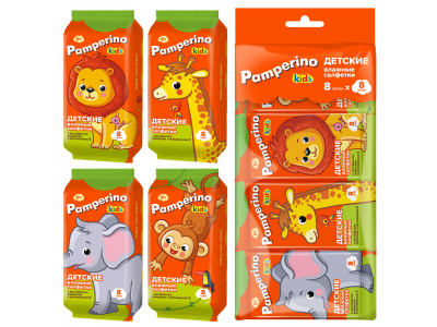 Влажные салфетки Pamperino Kids с экстрактом ромашки и витамином Е Mix, 8 шт 1-00459177_1