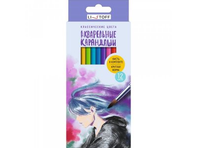 Карандаши цветные акварельные Listoff круглый корпус, заточенные 12 цветов + кисточка 1-00455084_1