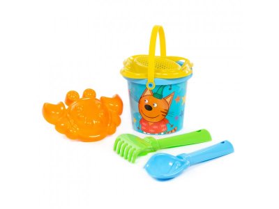 Песочный набор Полесье Три кота и море приключений: ведро, ситечко, совок, грабельки, формочка 1-00480506_2