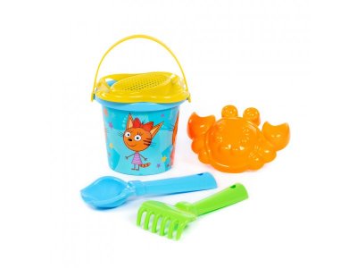 Песочный набор Полесье Три кота и море приключений: ведро, ситечко, совок, грабельки, формочка 1-00480506_8
