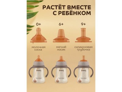 Поильник Lubby 3в1 с носиком, трубочка, соска молочная и ёршик, от 0 мес., сил., 300мл 1-00481069_5