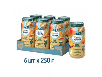 Пюре ФрутоНяня Тропический микс Яблоко, банан, манго, апельсин, маракуйя с мультизлаками 250 г 1-00398288_2