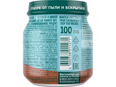 Пюре ФрутоНяня Ягодный салатик Яблоко, черника и вишня 100 г 1-00399592_4