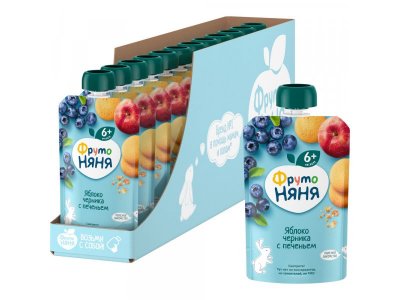 Пюре ФрутоНяня Яблоко и черника с печеньем 90 г дойпак 1-00208941_2