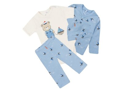 Комплект Palloncino боди, штанишки нательные, кофточка, шапочка синий 100475734