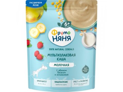 Каша молочная ФрутоНяня мультизлаковая, яблоко, банан, земляника, 190г 100484971