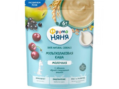 Каша молочная ФрутоНяня мультизлаковая, яблоко, черная смородина, вишня, 190г 100484975