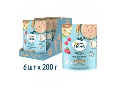 Каша ФрутоНяня молочная мультизлаковая с яблоками, кукурузными хлопьями и кусочками малины 200 г*6 ш 100459119