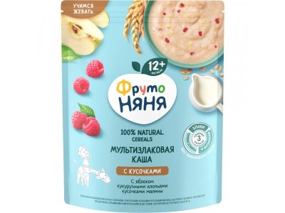 Каша ФрутоНяня молочная мультизлаковая с яблоками, кукурузными хлопьями и кусочками малины 200 г*6 ш 1-00459119_4