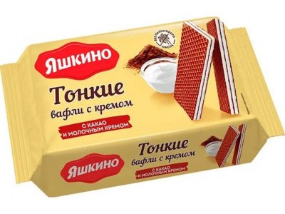 Вафли Яшкино тонкие с какао и молочным кремом, 144гр Жёлт/красн/оранж/син/гол/бел 100486899