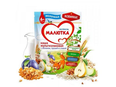 Каша Малютка молочная мультизлаковая с яблоком, грушей и сливой 220 г, пауч 1-00000457_15