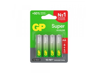 Алкалиновые батарейки GP Super Alkaline G-Tech 15А АA, промо 3+1, LR6 2500мАч, 4шт 100490150