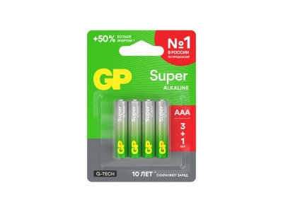 Алкалиновые батарейки GP Super Alkaline G-Tech 24А ААA, промо 3+1, LR03, 1150мАч, 4шт 100490151