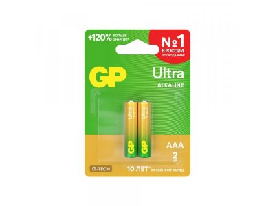 Алкалиновые батарейки GP Ultra Alkaline G-Tech 24А AАA, LR03, 1350 мАч, 2шт 100490153